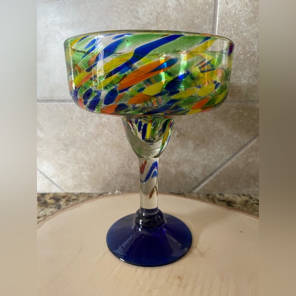 Mexico Mouth Blown Confetti Cobalt Blue Stem Base Margarita Glass Thick Heavy - Picture 3 of 14